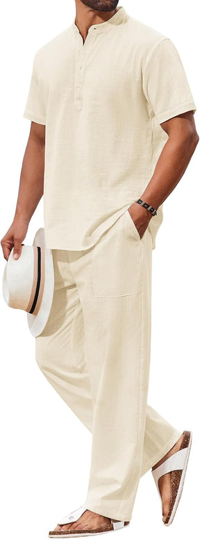 COOFANDY Men's 2 Piece Cotton Sets Casual Short Sleeve Henley Shirts and Beach Pants with Pockets Summer Vacation Outfits