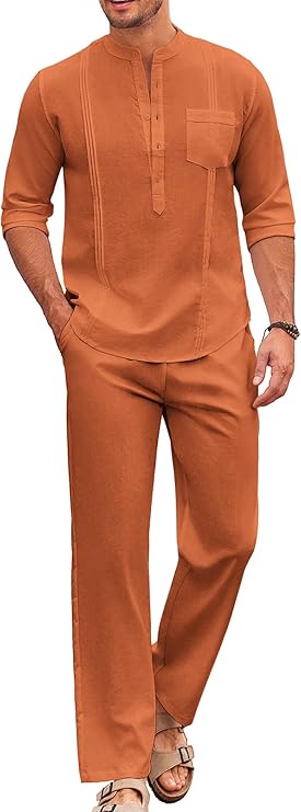 COOFANDY Men's 2 Piece Cotton Sets Casual Long Sleeve Cuban Henley Shirt and Loose Pants Set Beach Vacation Outfits