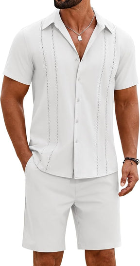 COOFANDY Men's 2 Piece Outfits Cuban Guayabera Short Sleeve Shirts and Shorts Summer Beach Vacation Sets for Men
