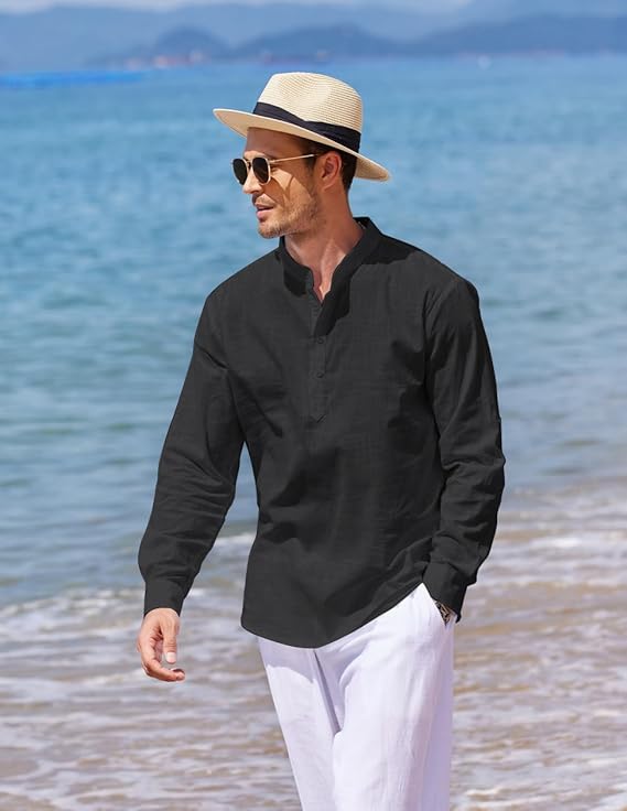 COOFANDY Men's Saint Patrick's Day Green Cotton Linen Henley Shirt Long Sleeve Casual Beach Tee