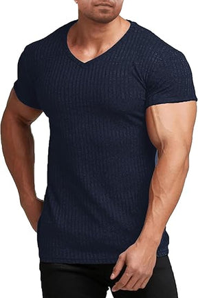 COOFANDY Men's Muscle T Shirts Stretch Short Sleeve V Neck Bodybuilding Workout Tee Shirts Ribbed Knit Shirt
