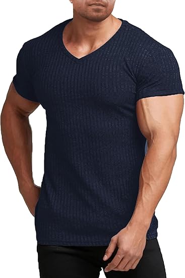 COOFANDY Men's Muscle T Shirts Stretch Short Sleeve V Neck Bodybuilding Workout Tee Shirts Ribbed Knit Shirt