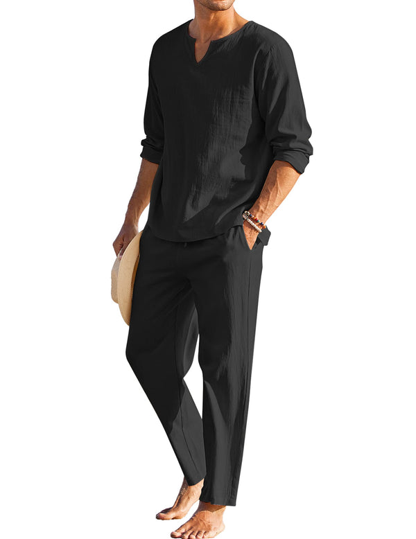 COOFANDY Men's 2 Pieces Cotton Linen Set Henley Shirt Long Sleeve and Casual Beach Pants Summer Yoga Outfits