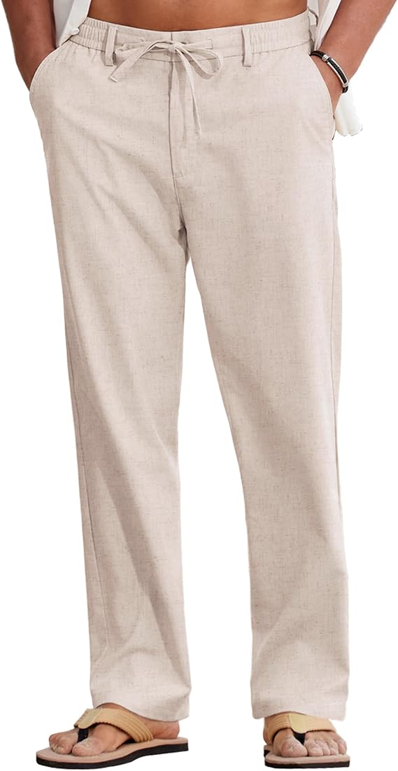COOFANDY Mens Linen Pants Casual Drawstring Summer Beach Pants Lightweight Cotton Linen Dress Trousers