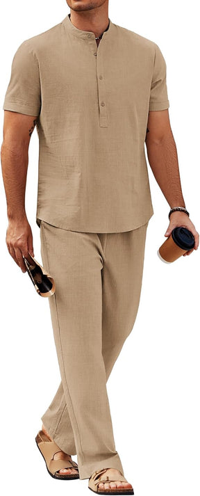 COOFANDY Mens 2 Pieces Cotton Linen Sets Short Sleeve Casual Henley Shirt Summer Beach Pants Lounge Vacation Outfits Set