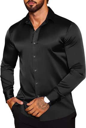 COOFANDY Men's Silk Satin Dress Shirts Jacquard Long Sleeve Floral Button Up Shirts Party Prom Wedding Shirt