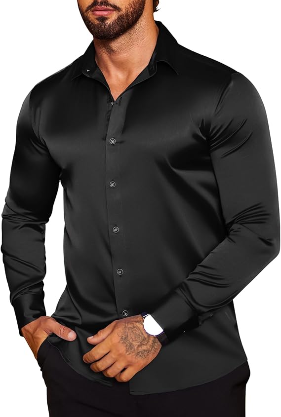 COOFANDY Men's Silk Satin Dress Shirts Jacquard Long Sleeve Floral Button Up Shirts Party Prom Wedding Shirt