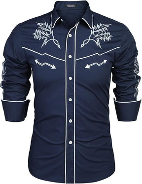 COOFANDY Men's Western Cowboy Long Sleeve Embroidered Slim Fit Cotton Casual Button Down Shirt
