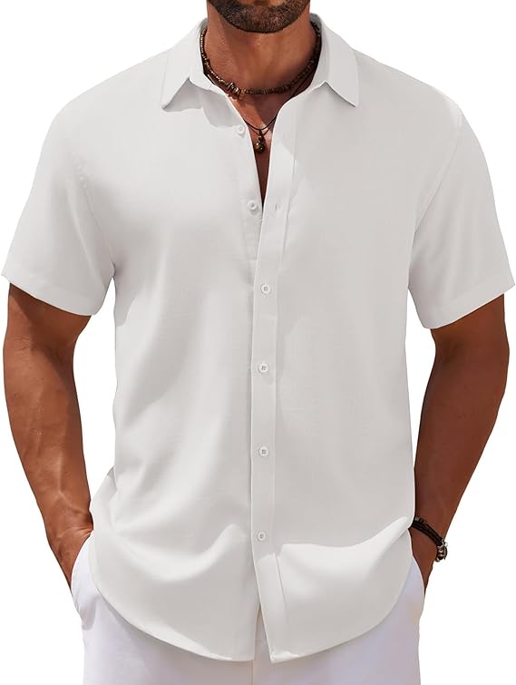 COOFANDY Men's Casual Summer Beach Shirt Short Sleeve Button Down Shirt Vacation Wedding Shirt Linen Textured Shirts