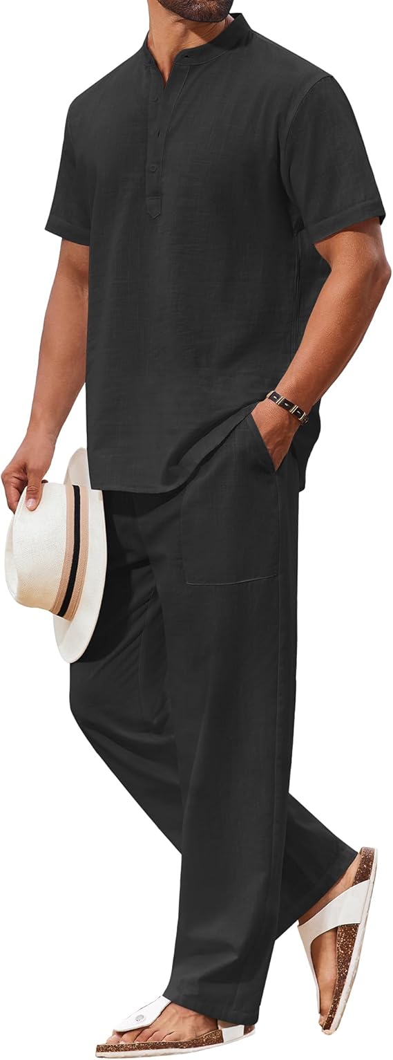 COOFANDY Men's 2 Piece Cotton Sets Casual Short Sleeve Henley Shirts and Beach Pants with Pockets Summer Vacation Outfits
