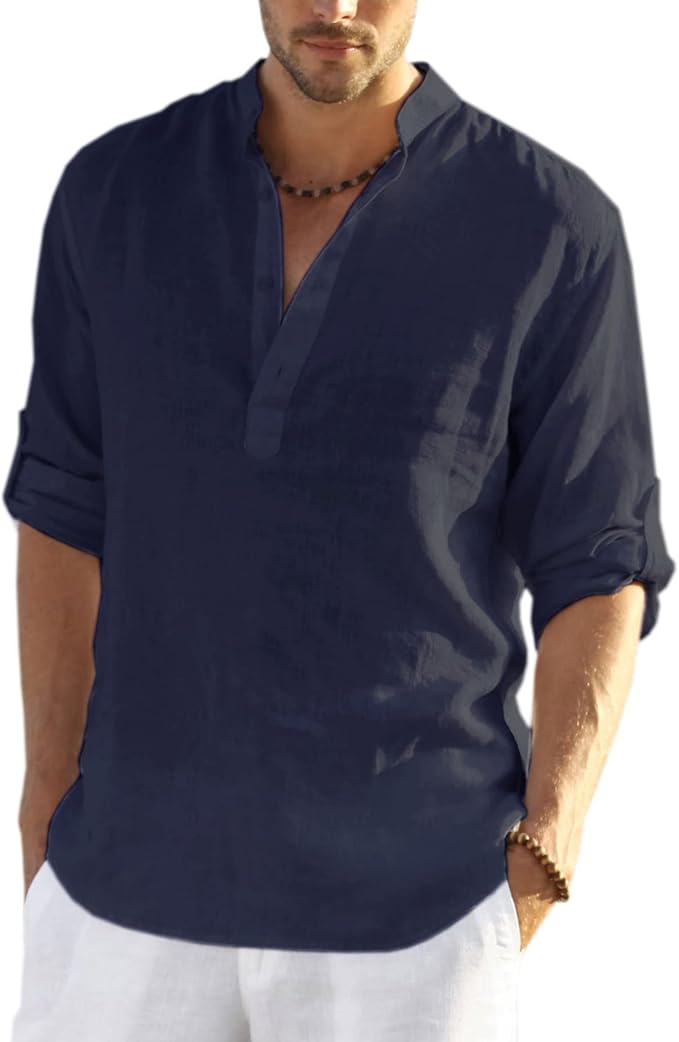 COOFANDY Men's Saint Patrick's Day Green Cotton Linen Henley Shirt Long Sleeve Casual Beach Tee