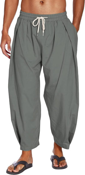 COOFANDY Men's Cotton Linen Harem Pants Drawstring Lightweight Loose Beach Yoga Pants with Pockets
