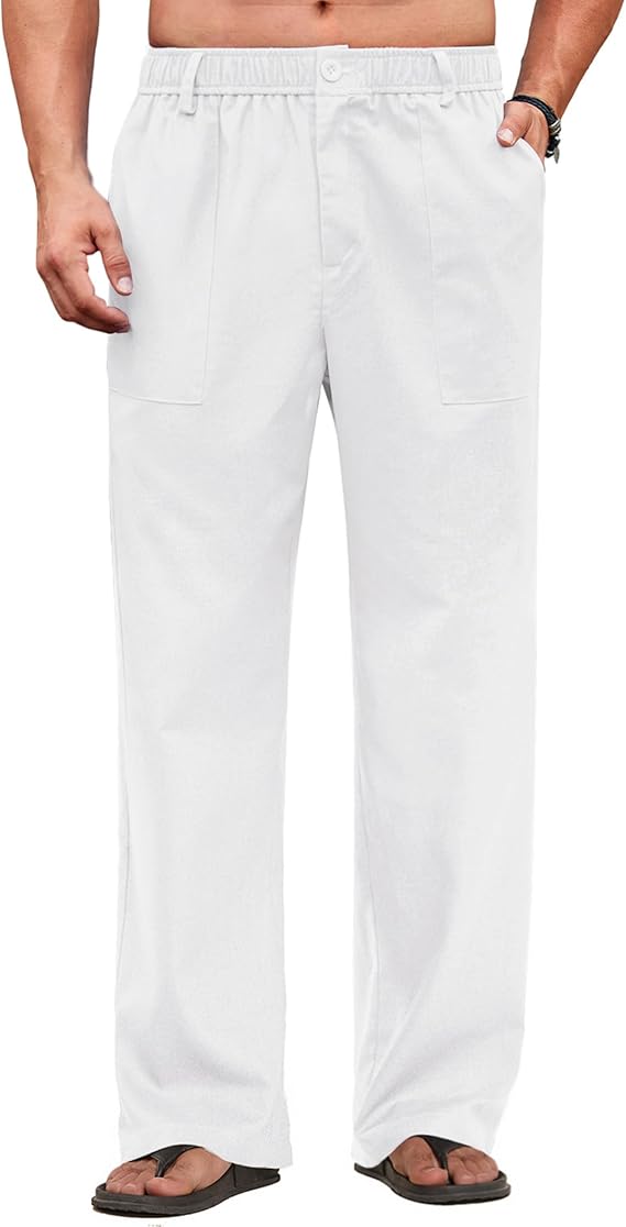 COOFANDY Men's Casual Linen Cotton Pants Elastic Waist Summer Beach Trousers Lightweight Yoga Vacation Pants