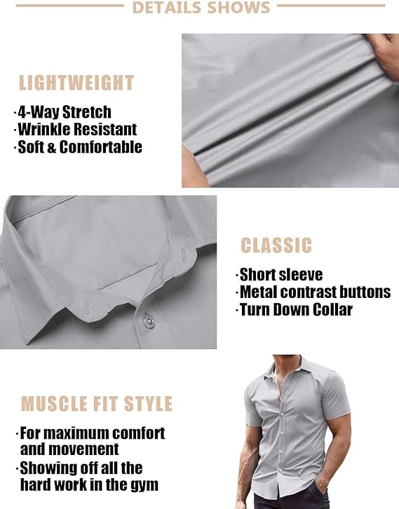 COOFANDY Men's Muscle Fit Dress Shirts Wrinkle-Free Short Sleeve