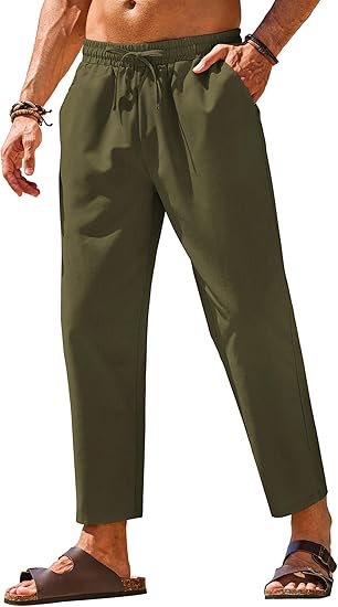 COOFANDY Mens Linen Casual Pants Elastic Waist Drawstring Trousers Yoga Beach Summer Pants