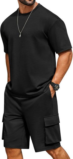 COOFANDY Men's Casual Short Sets 2 Piece Outfits Cotton T-Shirts and Cargo Shorts Set Summer Jogging Tracksuit