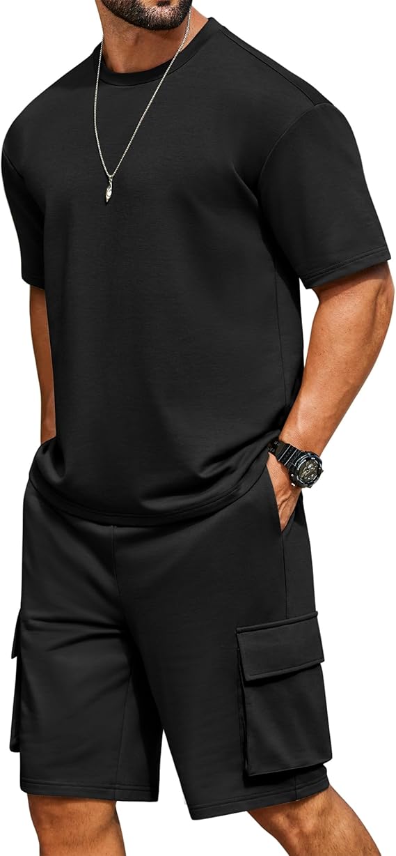 COOFANDY Men's Casual Short Sets 2 Piece Outfits Cotton T-Shirts and Cargo Shorts Set Summer Jogging Tracksuit