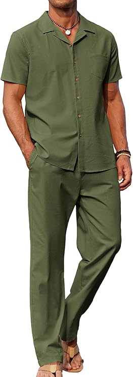 COOFANDY Men 2 Piece Linen Outfit Beach Button Down Shirt Casual Loose Pant Sets
