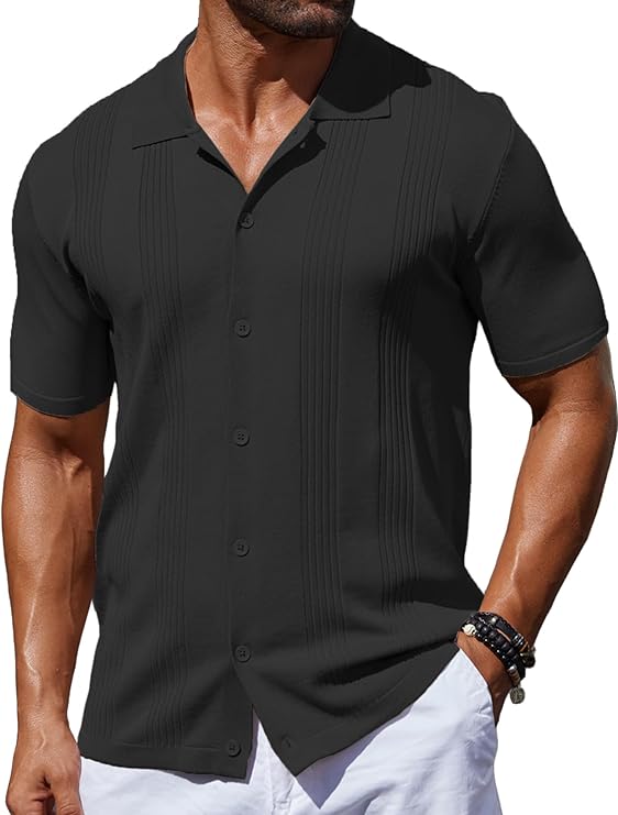 COOFANDY Men's Knit Shirt Short Sleeve Button Down Vintage Polo Shirts Casual Summer Beach Shirts