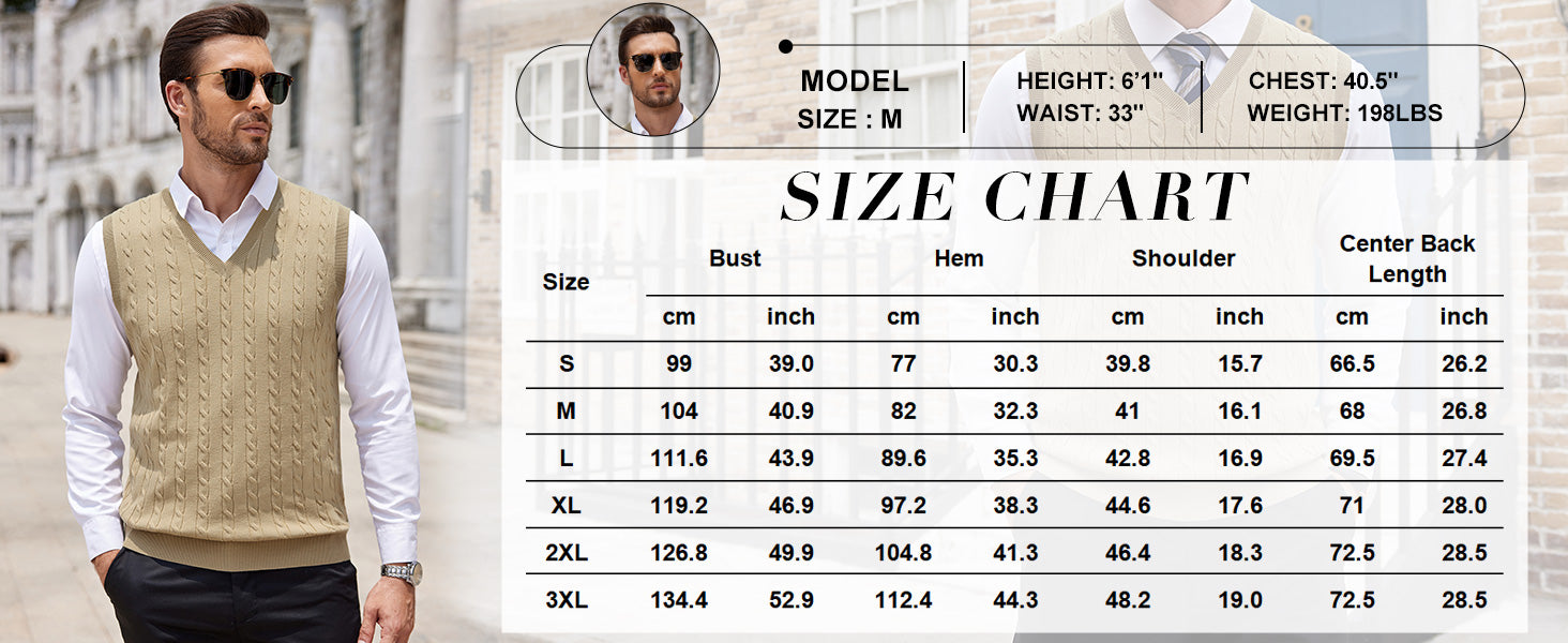 COOFANDY Men's Sweater Vest V Neck Slim Fit Cable Knitted Sleeveless Pullover Sweater