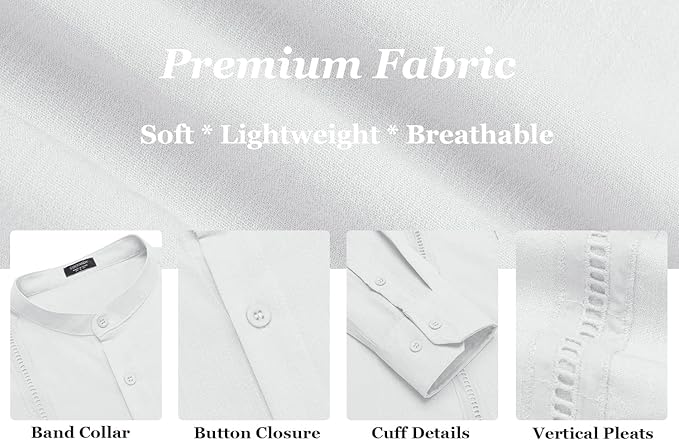 COOFANDY Men's Cuban Guayabera Shirts Casual Long Sleeve Button Down Shirts Band Collar Linen Summer Beach Shirts