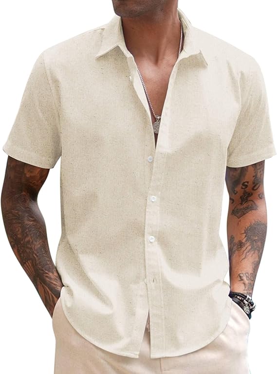 COOFANDY Mens Linen Casual Short Sleeve Shirt Button Down Summer Beach Shirts