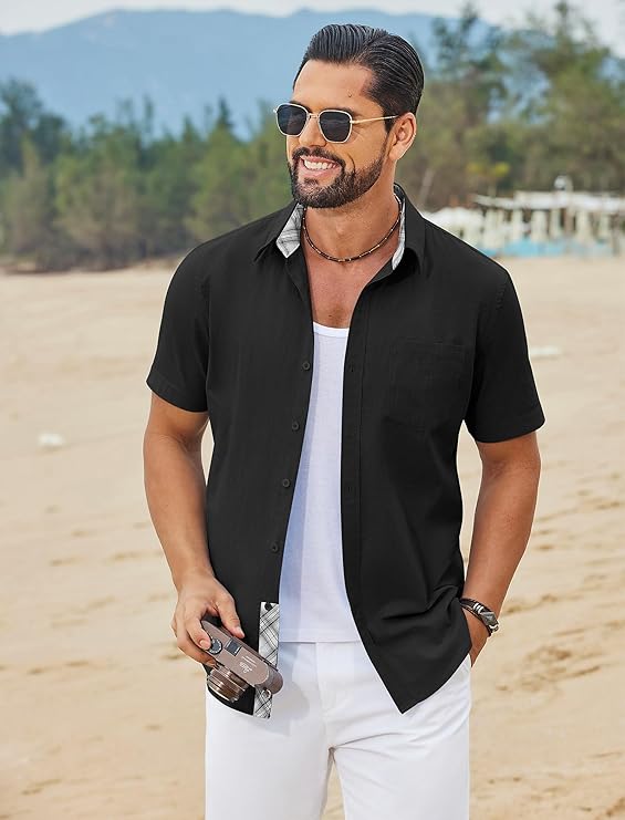 COOFANDY Men's Button Down Shirts Short Sleeve Casual Cotton Shirts Summer Beach Wedding Shirt with Pocket