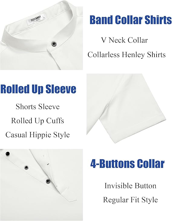 COOFANDY Men's Casual Cotton Shirts Band Collar Long Sleeve Beach Hippie T Shirts