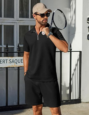 COOFANDY Mens Tracksuit Casual 2 Piece Quarter Zip Polo Shirt and Shorts Set Athletic Jogging Sports Outfits