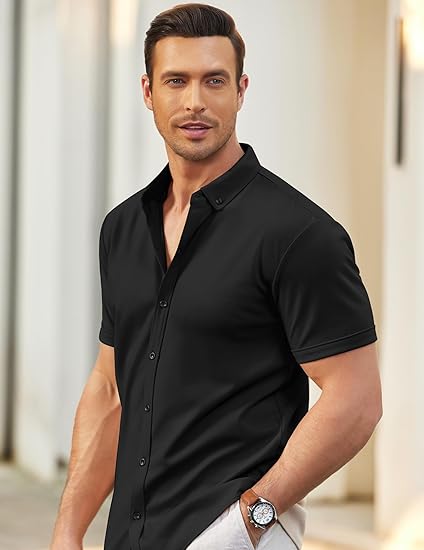 COOFANDY Men's Short Sleeve Casual Button Down Shark Shirts Wrinkle Free Untucked Shirt Summer Stretch Dress Shirts