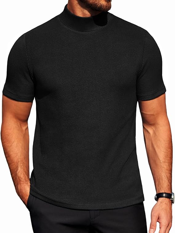 COOFANDY Men's Mock Turtleneck Short Sleeve Soft Lightweight Sweater Ribbed Knit Pullover Casual Basic Tops