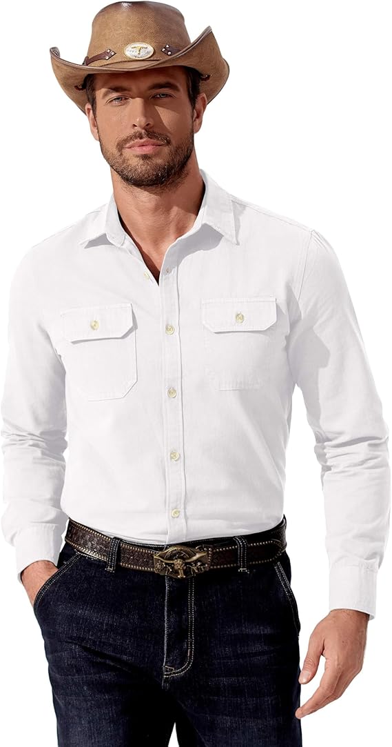 COOFANDY Mens Western Cowboy Shirt Long Sleeve Cotton Button Down Work Shirts with Pockets