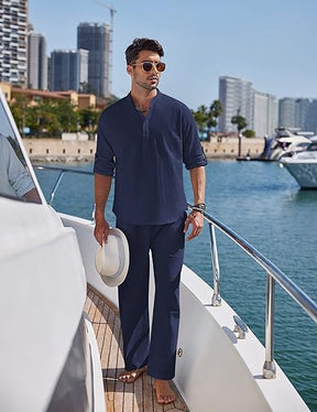 COOFANDY Men's 2 Pieces Cotton Linen Set Long Sleeve Henley Shirts Casual Beach Pants With Pockets Summer Yoga Outfits
