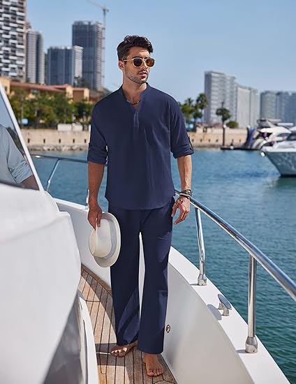 COOFANDY Men's 2 Pieces Cotton Linen Set Long Sleeve Henley Shirts Casual Beach Pants With Pockets Summer Yoga Outfits