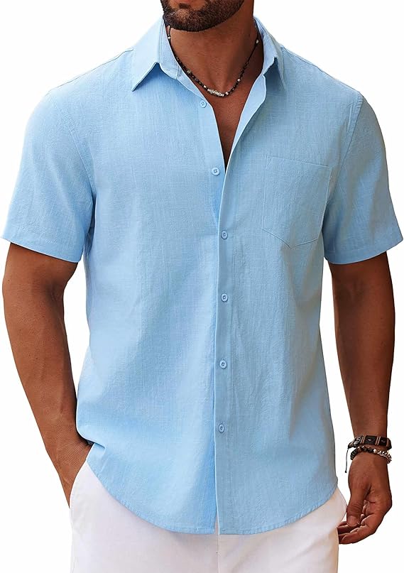 COOFANDY Men's Lapel Slim Fit Shirt Solid Color with Pockets