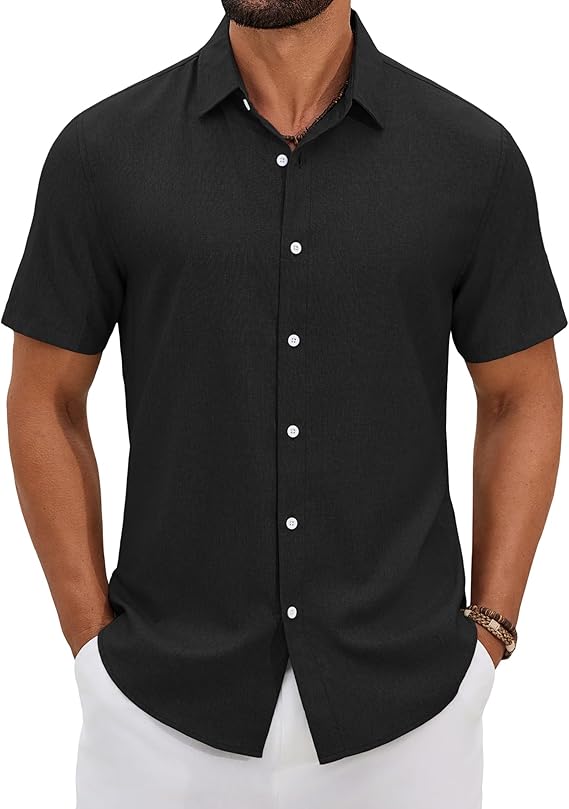 COOFANDY Mens Button Down Shirt Short Sleeve Casual Linen Shirts Summer Beach Wedding Shirts