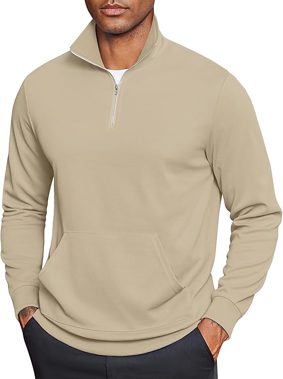 COOFANDY Mens Quarter Zip Pullover Mock Neck Sweatshirt Long Sleeve Sweater Polo Half Zip Pullover with Pocket