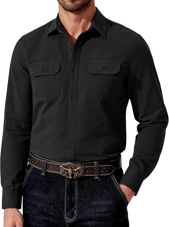 COOFANDY Mens Western Cowboy Shirt Long Sleeve Cotton Button Down Work Shirts with Pockets