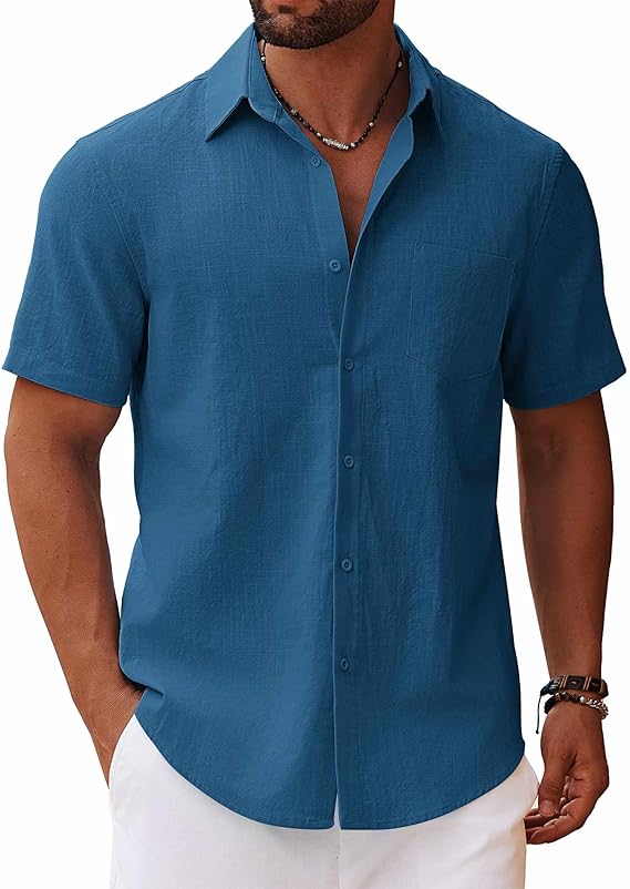 COOFANDY Men's Lapel Slim Fit Shirt Solid Color with Pockets