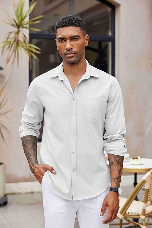 COOFANDY Men's Button Down Long Sleeve Shirt Casual Untucked Dress Shirt Regular Fit Wedding Shirts