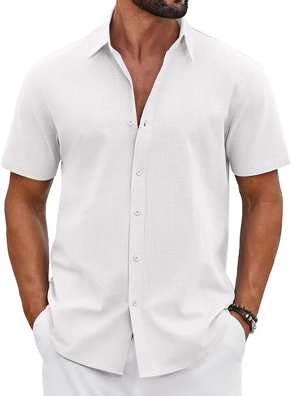 COOFANDY Mens Button Down Shirts Short Sleeve Casual Shirt Cotton Summer Beach Linen Wedding Shirts