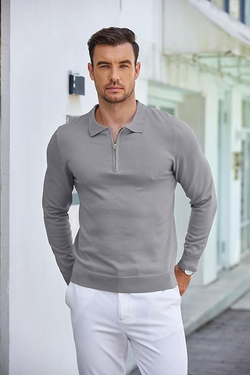 COOFANDY Mens Knit Polo Shirt Quarter Zip Slim Fit Pullover Long Sleeve Sweater Polo