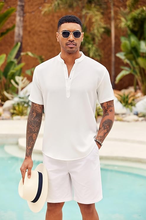 COOFANDY Men's Casual Henley Shirt Short Sleeve Summer Shirts Linen Band Collar Summer Beach Hippie T-Shirts