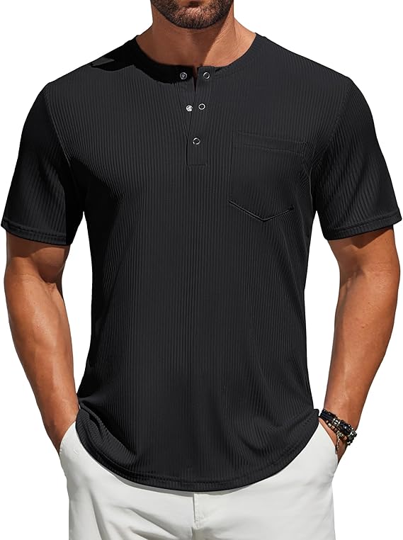 COOFANDY Mens Henley Shirts Short Sleeve Tshirt Basic Button Tees Summer Ribbed Pocket T Shirt Casual Stretch Tops
