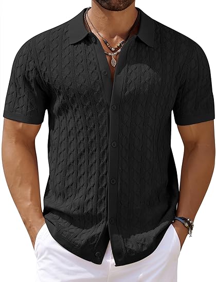 COOFANDY Men's Knit Short Sleeve Shirts Button Down Vintage Knitted Polo Shirt Casual Beach Crochet Cable Vacation Shirt