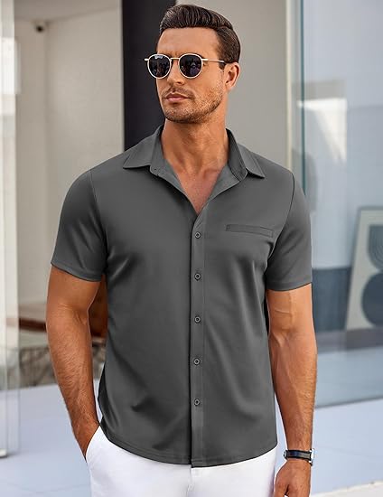 COOFANDY Men Button Up Short Sleeve Muscle Fit Stretch Dress Shirt Summer Casual Stylish Wrinkle Free Camp Tops Grey