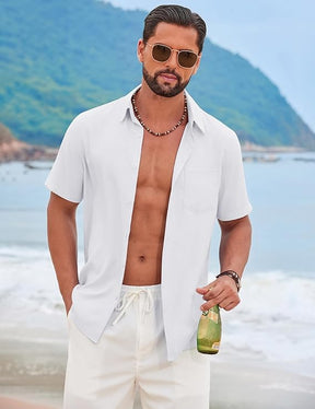 COOFANDY Men's Short Sleeve Casual Button Down Shirts Summer Beach Wedding Textured Linen Shirt for Men