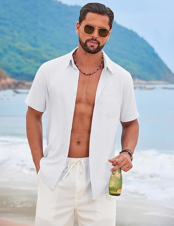 COOFANDY Men's Short Sleeve Casual Button Down Shirts Summer Beach Wedding Textured Linen Shirt for Men