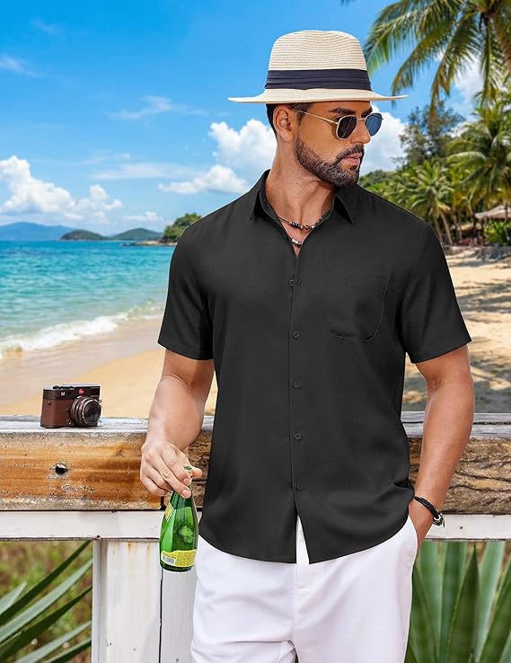 COOFANDY Mens Button Down Shirt Short Sleeve Casual Shirts Summer Beach Wedding Linen Shirt with Pocket