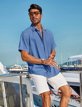 COOFANDY Men's Casual Linen Shirts Short Sleeve Button Down Shirt Summer Beach Tops